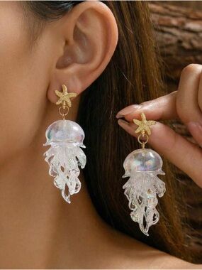 Gold Starfish Iridescent Jellyfish Drop Earrings - Women Jewelry